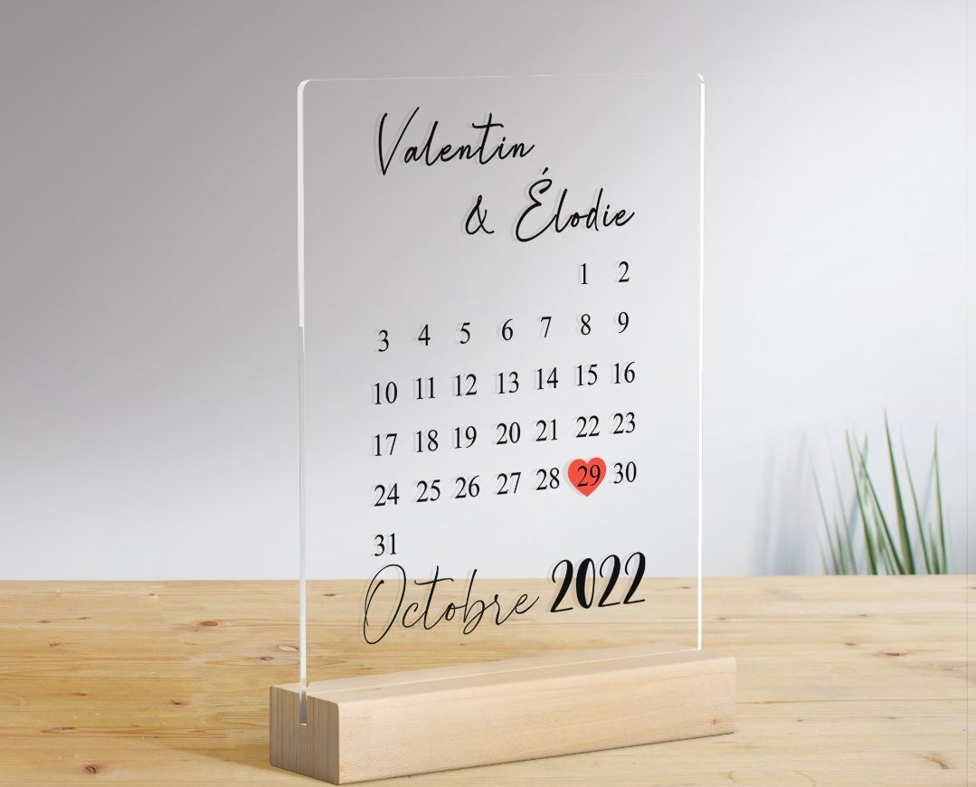 Calendrier Personnalisé Date Importante - 12x17cm et 20x15cm avec Socle Bois ou chevalet bois